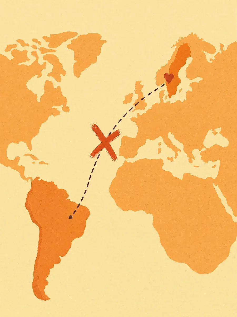 Mapa con la ruta de Suecia a Latinoamérica tachada con una cruz