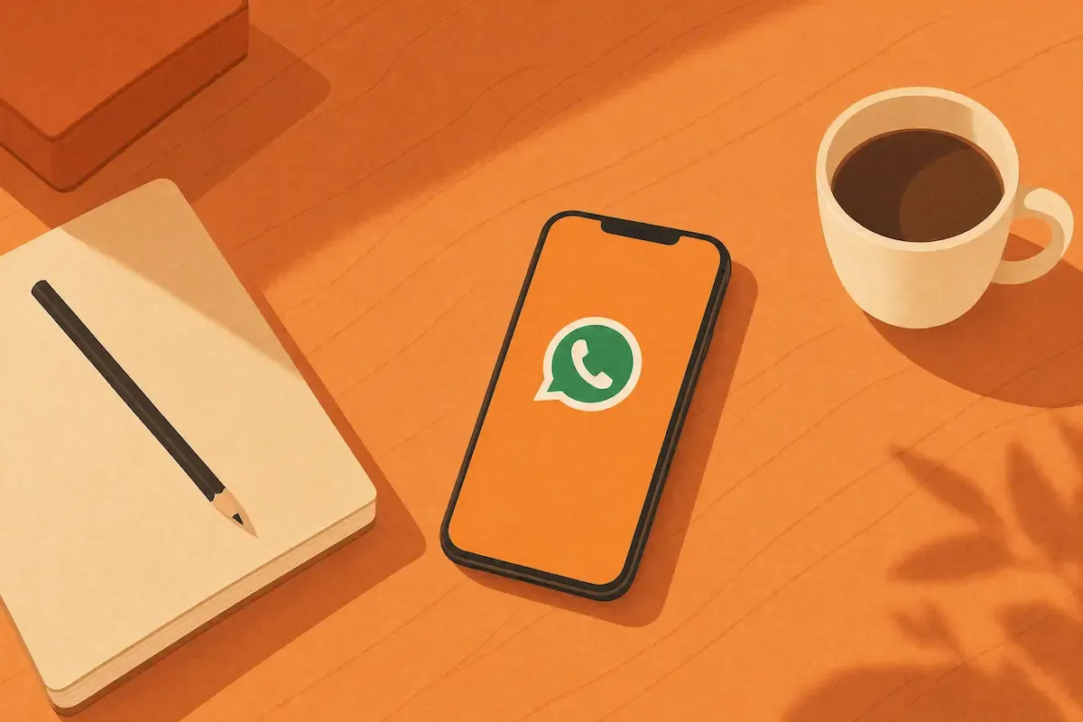 Un móvil con WhatsApp sobre un escritorio, junto a una libreta y un café