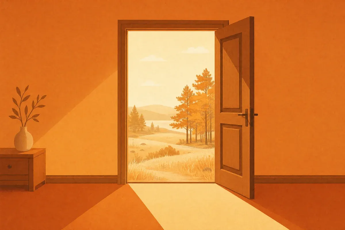 Una puerta abierta hacia un paisaje de otoño