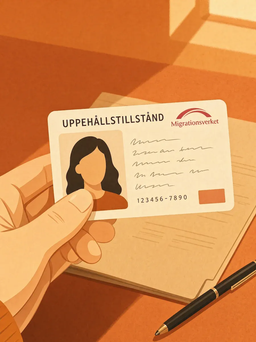Una mano sostiene una tarjeta de permiso de residencia (uppehållstillstånd)